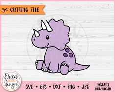 the cute purple dinosaur is sitting down with horns on it's head and tail