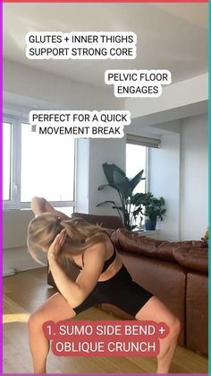 a woman is doing yoga poses in her living room with the caption above it