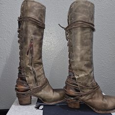 Freebird By Steven Coal Boots Stone Size 9 These Back Lace Up Boots With Wrap Around Strings Are Super Cute And Have Been Kept In Their Bag, In The Box, Under The Dust Cover With The Foam Rolls Inside The Legs. The Stone Gray Is Very Earthy Colored. They Are Just Below The Knee And Fit True To Size. Originally $350 Wide Leg Boots, Moody Fashion, Shifting Closet, Cute Cowgirl Boots, Random Clothes, Boot Covers, Freebird By Steven, Punk Vintage, Chic Leather