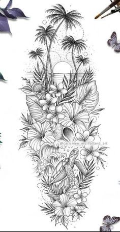 an artistic tattoo design with flowers and birds