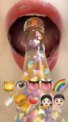 an image of the inside of a woman's mouth with candy and candies all over it