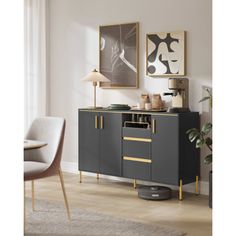 a grey and gold sideboard in a living room