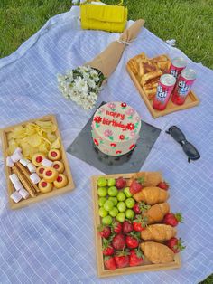 an assortment of food on a picnic blanket