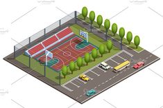 an outdoor basketball court with cars parked in the parking lot and trees on either side