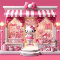 the hello kitty store is decorated with pink and white accessories, including bows, lights, and decorations