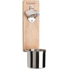 a stainless steel cup holder with a wooden handle on the side and a metal cup in front of it