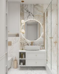 a bathroom with marble walls and flooring is shown in this image, it has a round mirror over the sink