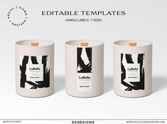 three white candles with black designs on them and the words edible templates written below