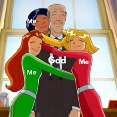 an animated family hugging each other with the caption me, god me and you