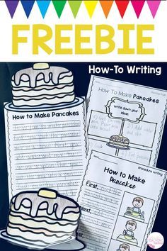 a cake with the words how to make pancakes on it and a freebie for kids