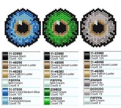 four different types of eyes are shown in this pixel art style pattern, each with their own color scheme