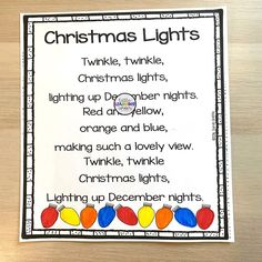 a christmas light poem is shown on a table with the words twinkle, twikle, christmas lights, and red and yellow