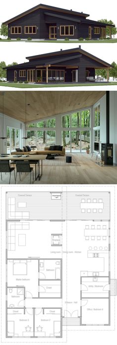 the floor plan for this modern house is very large and has lots of windows on each side