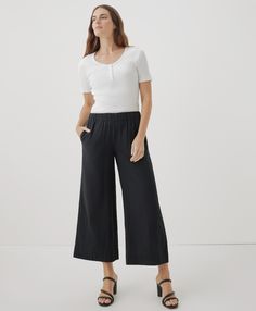 Women’s Coastal Double Gauze Wide Leg Pant made with Organic Cotton | Pact Black Coastal, Chambray Pants, Travel Pants, Double Gauze Fabric, Wide Leg Linen Pants, Wide Leg Pant, Double Gauze, Designer Clothes For Men, Perfect Woman