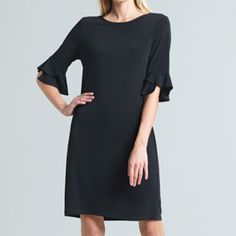 This Perfect Little Black Dress With Flounce Sleeves Just Past The Elbow, And V Back With Tie Is Just The Cutest Piece For A Night Out. The Dress Hits At The Knee With A Straight Silhouette. Fits True To Size. Soft And Silky The Fabric Is Wrinkle Free And May Be Washed On Delicate Or By Hand And Hung To Dry. 70%Polyester, 20%Rayon And 10% Spandex. Wear To Any Special Occasion Or Just A Night Out. Black Ruffle Sleeve Dress For Spring, Black Sheath Dress For Spring, Ruffle Sleeve Dresses For Workwear, Elegant Black Mini Dress With Ruffle Sleeves, Black Ruffle Sleeve Formal Dress, Black Formal Dress With Ruffle Sleeves, Black Lined Sheath Dress, Elegant Ruffle Sleeve Mini Dress For Work, Elegant Shift Knee-length Dress