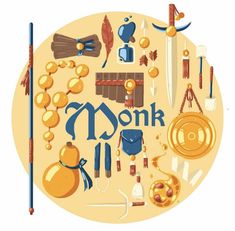 the word monk is surrounded by various items