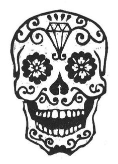 a black and white drawing of a skull with flowers on it's head,