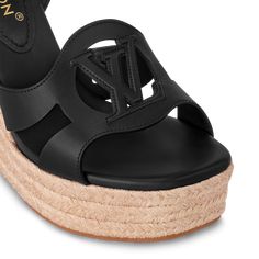 LOUIS VUITTON® - Lv Isola Wedge Sandal - Black Black Wedge Sandals, Louis Vuitton Official, Wedge Sandal, Wedge Heels, Wedge Sandals, Calf Leather, Calf Skin, Espadrilles, Wedges