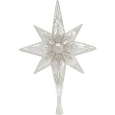 a clear glass star ornament on a white background