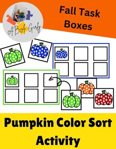 the pumpkin color sort activity is shown with an orange and yellow background, which includes two pictures