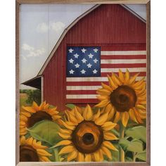 a painting of sunflowers in front of a barn with an american flag on it