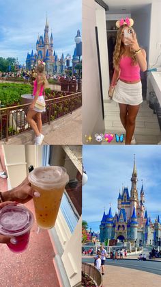 the collage shows photos of people in front of cinderella's castle at walt world