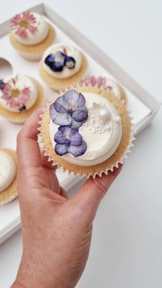 a hand holding a cupcake with white frosting and purple flowers