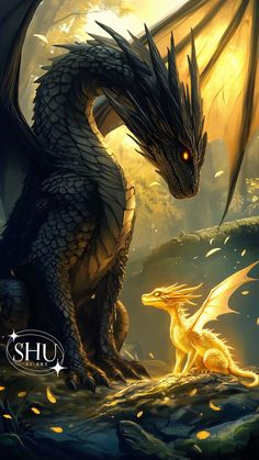 a dragon sitting next to a smaller dragon