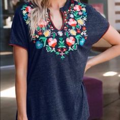 Nwt! Vibrant And Beautiful Embroidered Top. Soft Cotton Blend, Flowy And Flattering. Smoke And Pet Free Home! Embroidered V-neck Peasant Top For Beach, Bohemian V-neck Multicolor Embroidered Top, Bohemian Multicolor Embroidered V-neck Top, Summer Embroidered V-neck Peasant Top, Red Bohemian Embroidered V-neck Top, Long Sleeve Tunic Dress, Black Tunic Tops, Tunic Shirt Dress, Embroidered Tunic Top