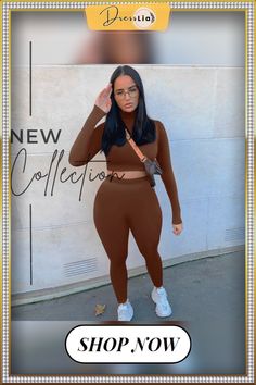 Women’s Suits Solid Long-sleeves Short Top + High-waist Skinny Pants Casual Outfits for Ladies Tracksuits Women Set Fitted Solid Color Sets For Fall, Solid Fitted Long Sleeve Sets, Solid Color Fitted Long Sleeve Sets, Fitted Brown Long Sleeve Sets, Casual Fitted Two-piece Set With Long Sleeve, Fitted Casual Two-piece Set With Long Sleeves, Casual Fitted Long Sleeve Two-piece Set, Two-piece Stretch Set With Long Sleeves, Fall High Waist Fitted Sets