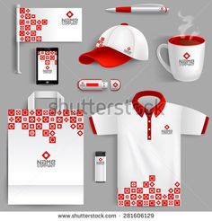 corporate identity design for a company with red and white colors on the shirt, cap, mug