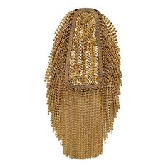 a gold purse with lots of beads on the front and side, sitting on a white surface