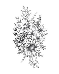 a black and white drawing of flowers