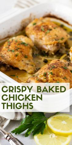 chicken thighs in a casserole dish with lemons and parsley on the side