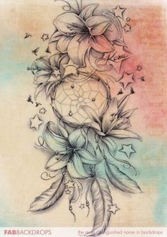 a drawing of flowers and feathers with stars on the back of its head, in pastel colors