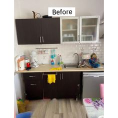 before and after pictures of a kitchen with wood flooring, cabinets, counter tops and appliances