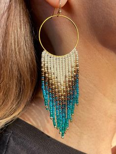 Handmade blue, gold, and cream beaded fringe on gold filled hoop earrings Fringe Hoop Earrings, Opal Stacking Ring, Fringe Earring, Gold Filled Hoops, Beaded Hoops, Beaded Fringe, Earring Patterns, Stunning Jewellery, Fringe Earrings