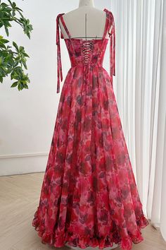 Elegant Floral Dress Long, Patterned Bridesmaid, Dress With Tie Straps, Floral Print Chiffon Dress, Print Chiffon Dress, Red Floral Print, Strapless Corset, Floral Print Chiffon, Movie Fashion