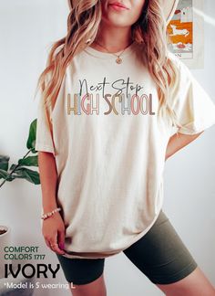 "8th Grade Graduation Shirt, Next Stop High School Tshirt, Middle School Graduation Gifts For Her, Last Day of School Teacher Summer T-Shirt HOW TO ORDER ➀ Select color ➁ Select the size (Please check size chart) ✦ True to size. Size up 1-2 sizes for an oversized look. ➂ Add to cart ✦ (Optional) \"Add message to Seller\" on the checkout page. GARMENT FEATURES ✦ Crew neckline ✦ Direct to garment printing - no vinyl, decal, or iron-on technique ✦ Our designs are printed on the garment to last a lo Cute Letter Print Tops For College, End Of School Year Slogan T-shirt With Crew Neck, Cute College T-shirt With Letter Print, Cute Letter Print T-shirt For College, White Slogan T-shirt For School, School Crew Neck T-shirt With Slogan, School T-shirt With Slogan And Crew Neck, School Slogan T-shirt With Crew Neck, Cute White College T-shirt