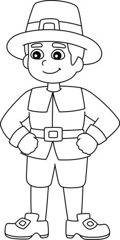 a boy in a hat and boots with his hands on his hips, standing coloring page