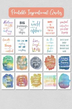 the printable inspirational quotes are displayed in different colors and font styles, including watercolors