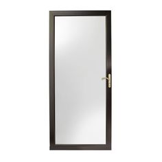 an open door with a mirror on the front and side paneled in black, against a white background