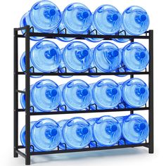 a rack filled with lots of blue water bottles