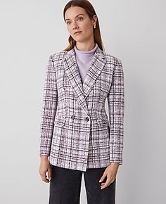 Elevate your wardrobe with the Ann Taylor Tailored Double Breasted Blazer in Tweed Plaid, a sophisticated blend of style and comfort. This blazer is perfect for those who appreciate a polished look with a modern twist.

- **Size**: 10
- **Color**: Sunset Lavender
- **Material**: Shell: 56% Polyester, 44% Cotton; Lining: 100% Polyester
- **Gender**: Female
- **Fit**: Tailored
- **Length**: 28 inches long
- **Features**:
  - Notched lapel
  - Long sleeves with functional buttons
  - Double-breaste Fitted Double-breasted Tweed Jacket For Fall, Spring Formal Tweed Jacket With Double-breasted Button, Spring Formal Double-breasted Tweed Jacket, Classic Double-breasted Spring Tweed Jacket, Classic Spring Double-breasted Tweed Jacket, Classic Double-breasted Tweed Jacket For Spring, Fitted Spring Tweed Jacket With Lapel Collar, Fitted Double-breasted Tweed Jacket For Work, Fitted Tweed Blazer With Double-breasted Button