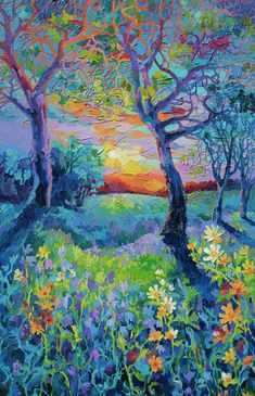 an oil painting of trees and flowers in the sun setting over a field with wildflowers