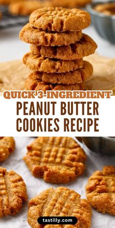 peanut butter cookies stacked on top of each other with the words, quick and easy