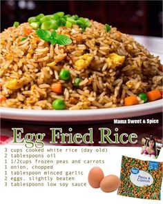 egg fried rice on a plate with peas and carrots