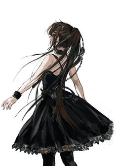 a drawing of a woman with long hair in a black dress and high heeled boots