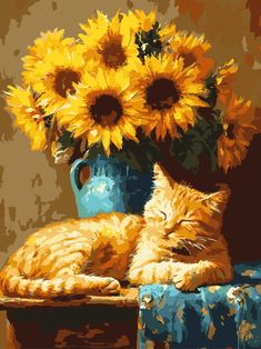 a painting of a cat sleeping next to a vase with sunflowers