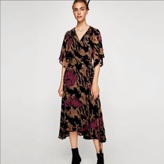 New With Tags- Zara Devor Velvet Burnout Wrap Dress Black, Pink, Nude Velvet/Sheer Burnout Size: S Long Quilted Coat, Sleeved Velvet Dress, Velvet Mini Skirt, Burnout Velvet, Velvet Midi Dress, Midi Wrap Dress, Leather Pencil Skirt, Wrap Midi Dress, Zara Woman